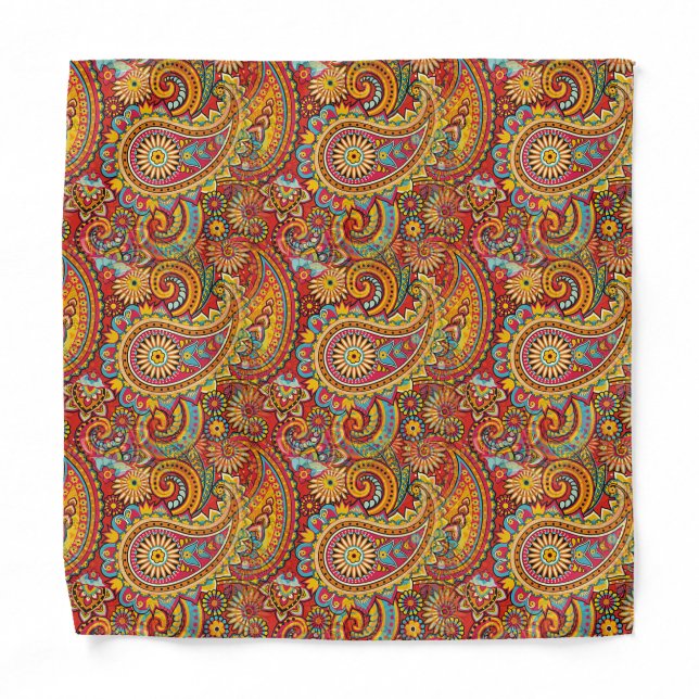 Red Orange Turquoise Blue Indian Floral Paisley Bandana (Front)