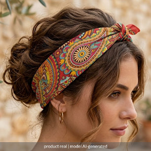Red Orange Turquoise Blue Indian Floral Paisley Bandana