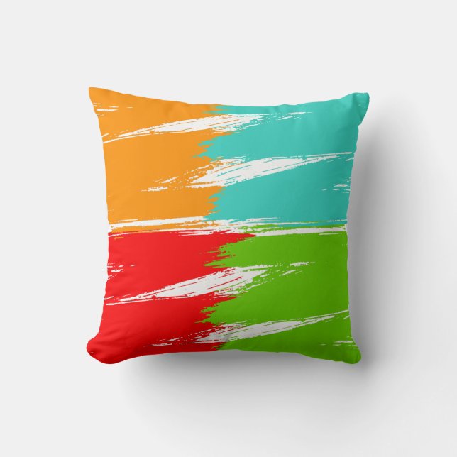 Red Orange Turquoise Green Brush Stroke Paint Throw Pillow (Front)