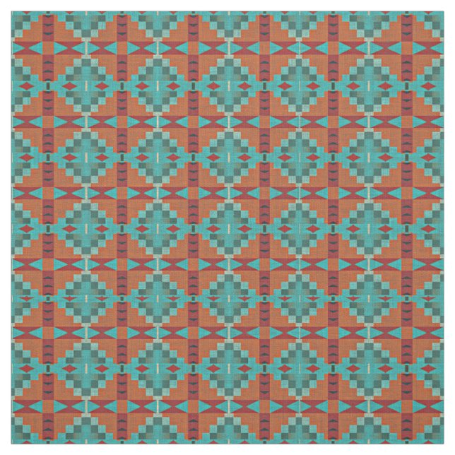Red Orange Turquoise Teal Green Ethnic Look Fabric (Swatch)
