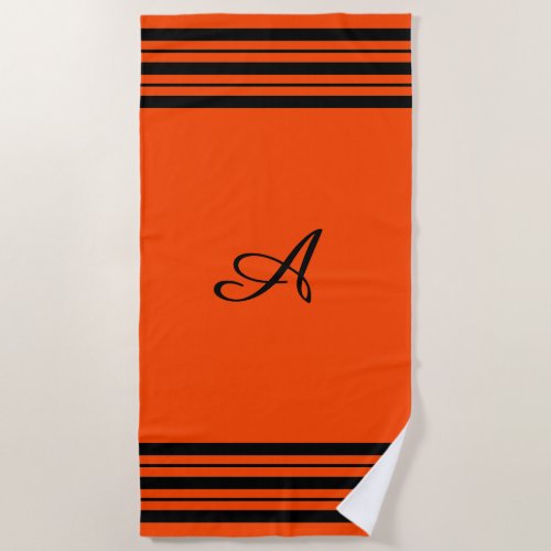 Red Orange w Black Stripes Bars Vertical Monogram  Beach Towel