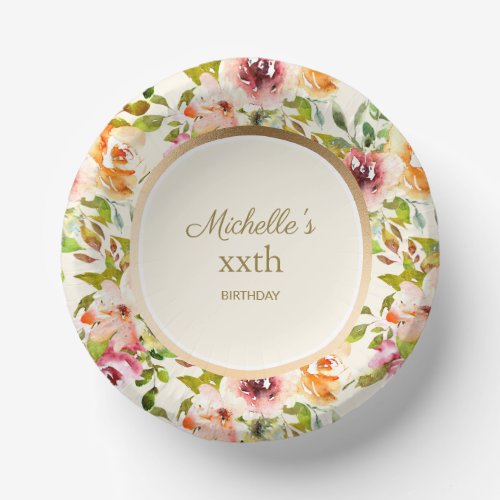 Red Orange Watercolor Floral Cream Birthday Party Paper Bowls