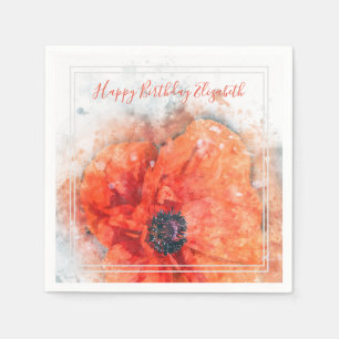 Red Orange Watercolor Poppy Flower Birthday Napkins