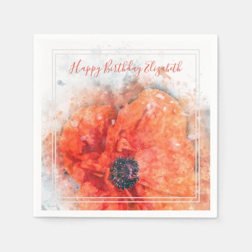 Red Orange Watercolor Poppy Flower Birthday Napkins