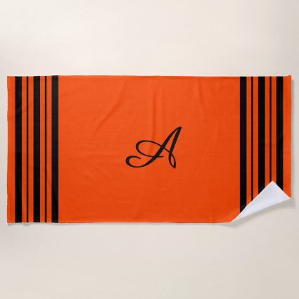 Red Orange with Black Stripes Bars and Monogram Beach Towel