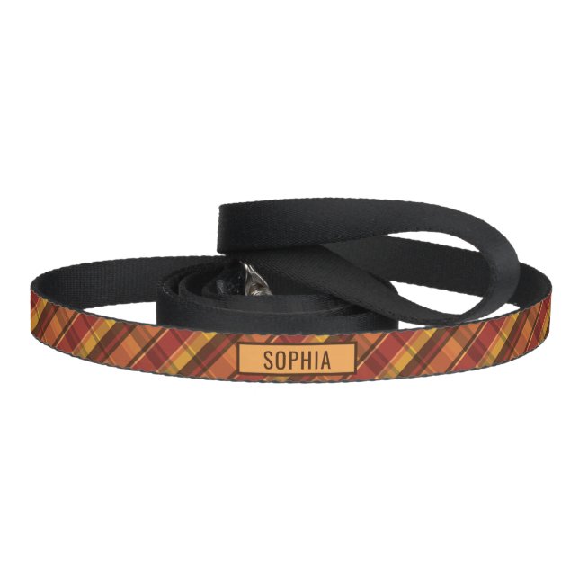 Red & Orange With Brown Fall Plaid Pattern & Name Pet Leash (Handle)
