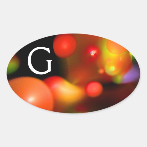 RED ORANGE YELLOW BLACK  FRACTAL BUBBLES MONOGRAM OVAL STICKER