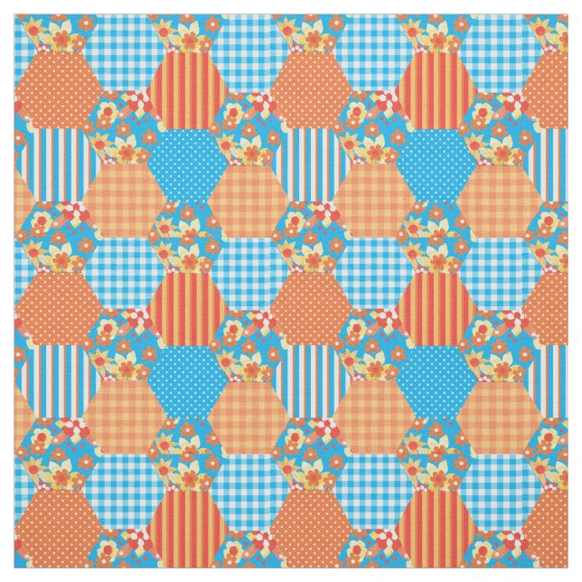 Red Orange Yellow Blue Faux Patchwork Pattern Fabric (Swatch)