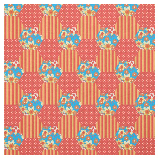 Red Orange Yellow Blue Faux Patchwork Pattern Fabric (Swatch)