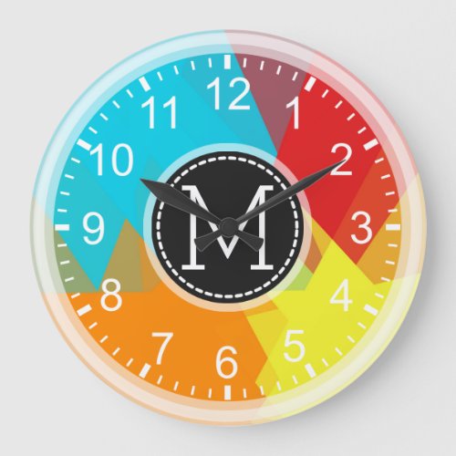 Red Orange Yellow Blue Mosaic Modern Monogram Large Clock