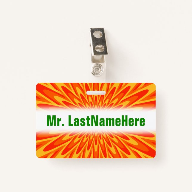 Red, Orange, Yellow Bursting Pattern + Custom Name Badge (Front with Clip)