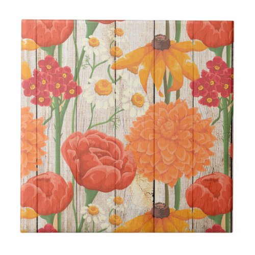 Red Orange Yellow Floral White Daisies Rustic Wood Tile