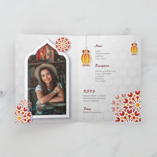Red Orange Yellow Flower Arabian Night Quinceañera Invitation (Inside)