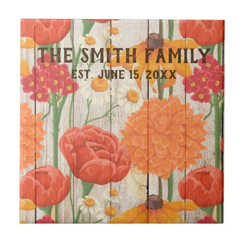 Red Orange Yellow Flowers Family Name Date Est Tile