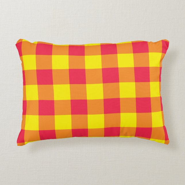 Red Orange Yellow Plaid Checker Pattern Accent Pillow (Front)