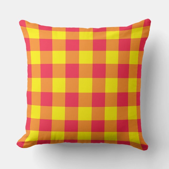 Red Orange Yellow Plaid Checker Pattern Throw Pillow (Front)