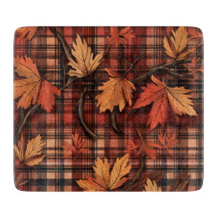 RED ORANGE YELLOW PLAID WITH FALL LEAVES CUTTING BOARD