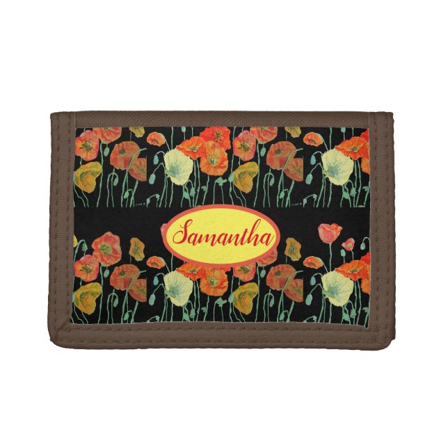 Red Orange Yellow Poppies Floral Aqua Poppy Girls Trifold Wallet (Front)