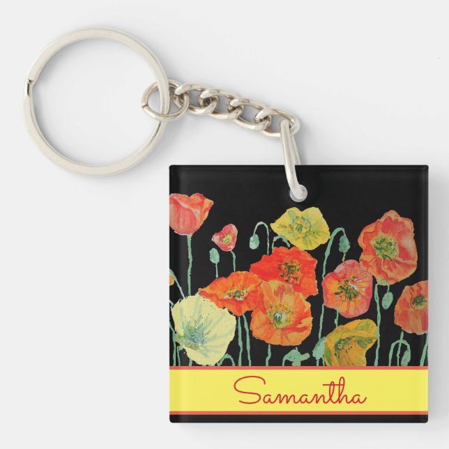 Red Orange Yellow Poppies Girls Name Keychain (Front)