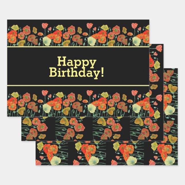 Red Orange Yellow Poppy Flowers Poppies Floral Art Wrapping Paper Sheets (Set)
