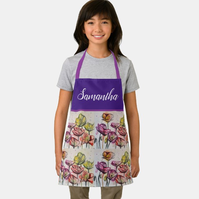 Red Orange Yellow Poppy Flowers Poppies Girls Apron (Insitu)