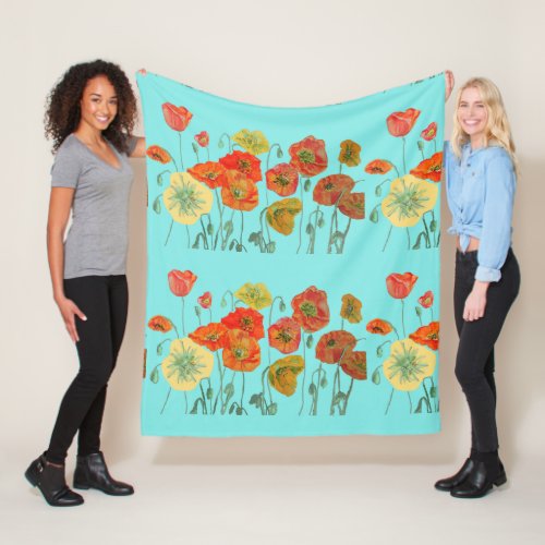 Red Orange Yellow Poppy Poppies Floral Flower Aqua Fleece Blanket