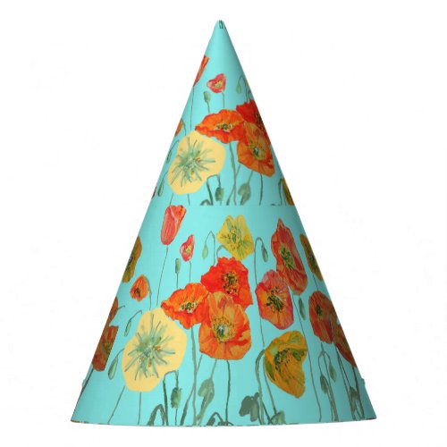 Red Orange Yellow Poppy Poppies Floral Flower Aqua Party Hat