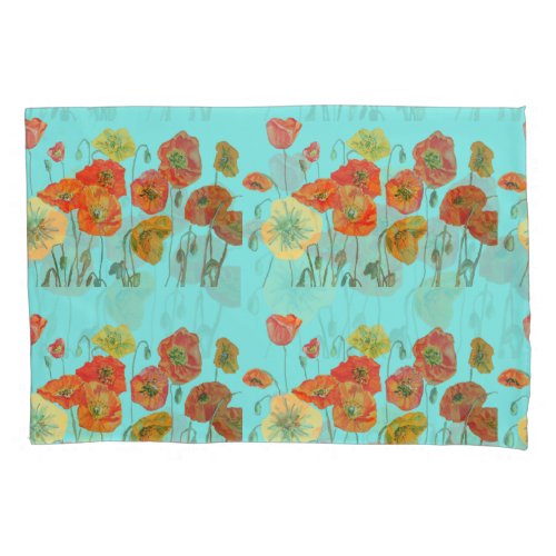 Red Orange Yellow Poppy Poppies Floral Flower Aqua Pillow Case