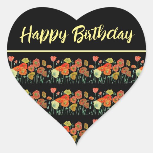 Red Orange Yellow Poppy Poppies Happy Birthday Heart Sticker