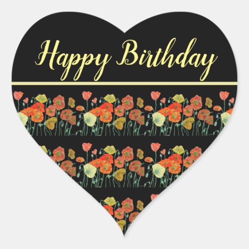 Red Orange Yellow Poppy Poppies Happy Birthday Heart Sticker