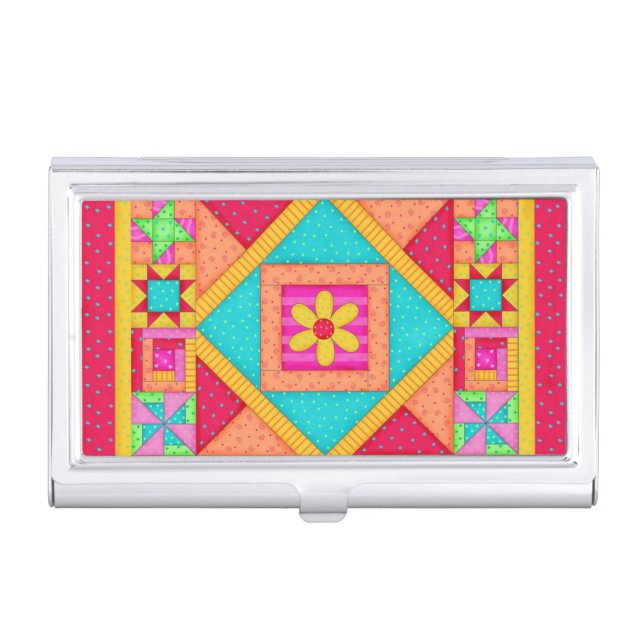 Red Orange Yellow Quilt Patchwork Block Art Business Card Case (Front)