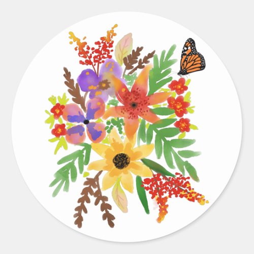 Red Orange Yellow Watercolor Flowers Butterfly  Classic Round Sticker