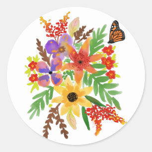 Red Orange Yellow Watercolor Flowers Butterfly Classic Round Sticker