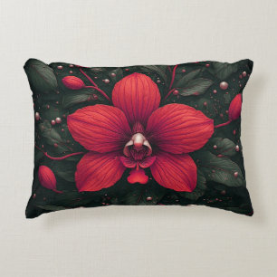 Red Orchid Bloom With Green Leaves Accent Pillow