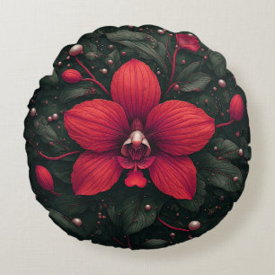 Red Orchid Bloom With Green Leaves Round Pillow