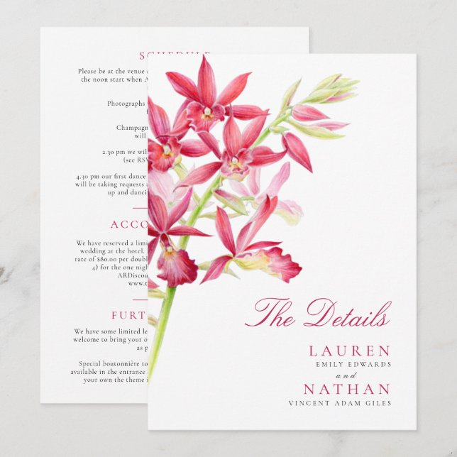Red orchid flower wedding details information (Front/Back)