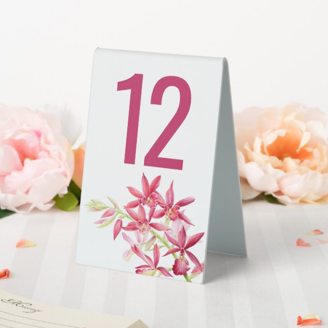 Red orchid flower wedding table number tent (In SItu (Wedding))