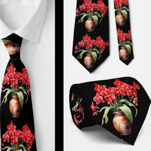 Red Orchid Flowers Neck Tie