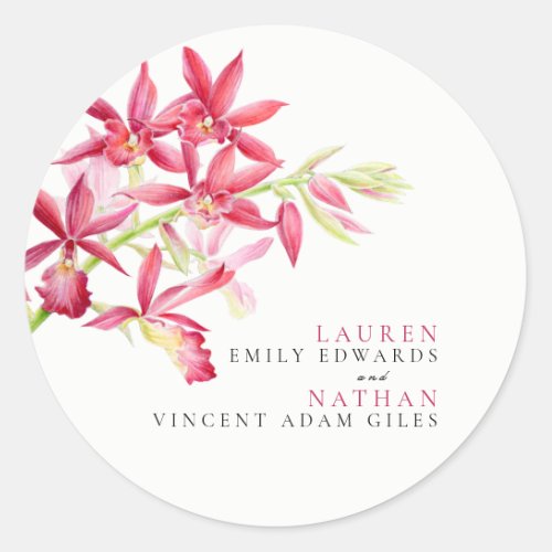 Red orchid flowers watercolor botanical wedding  classic round sticker