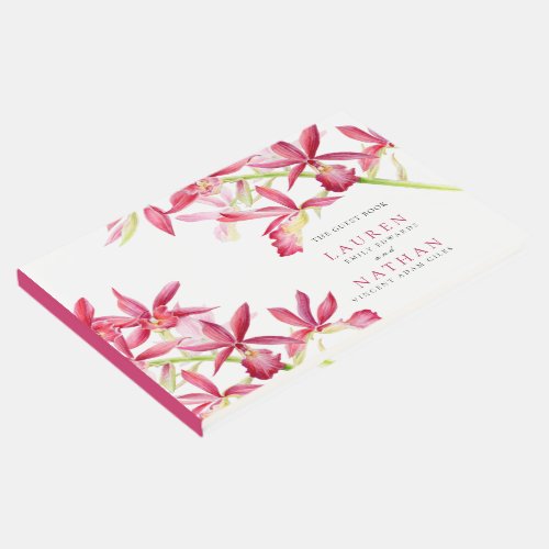 Red orchid flowers watercolor botanical wedding  guest book