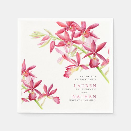 Red orchid flowers watercolor botanical wedding  napkins