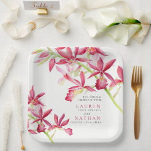 Red orchid flowers watercolor botanical wedding paper plates