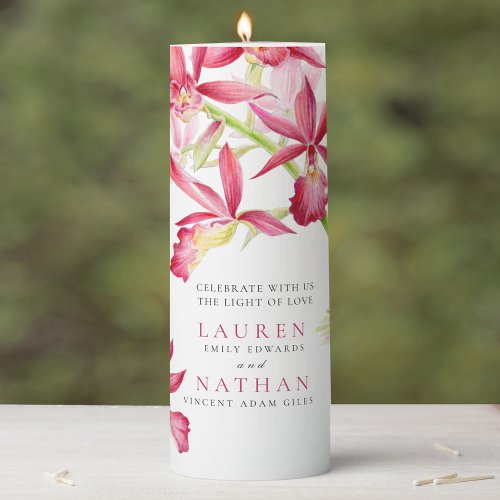 Red orchid flowers watercolor botanical wedding pillar candle