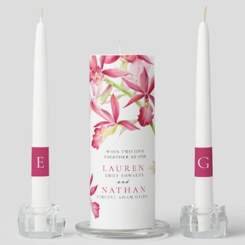 Red orchid flowers watercolor botanical wedding unity candle set