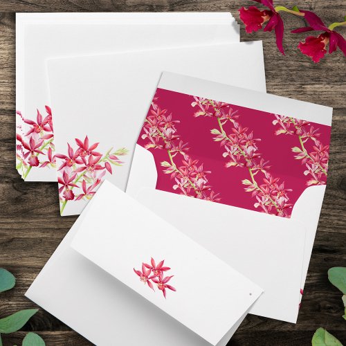 Red orchid watercolor botanical pattern wedding envelope