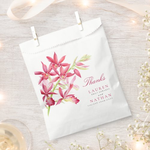 Red orchid watercolor botanical wedding favor bag