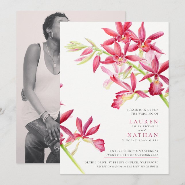 Red orchid watercolor botanical wedding photo invitation (Front/Back)