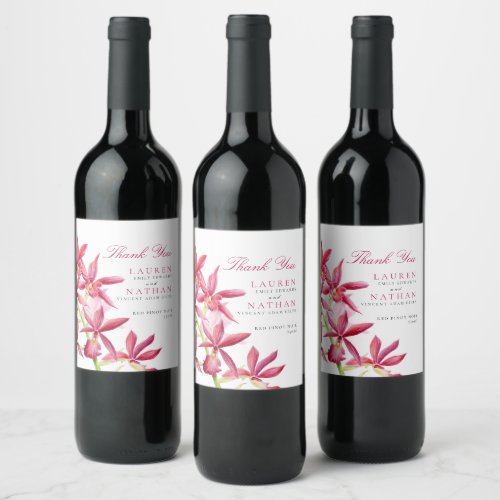 Red orchid watercolor botanical wedding thank you  wine label