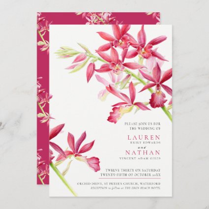 Red orchid watercolor modern botanical wedding inv invitation