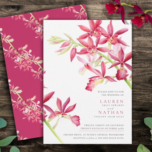 Red orchid watercolor modern botanical wedding invitation